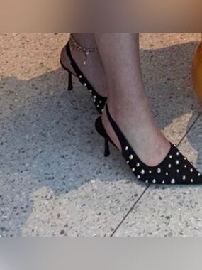 Studded Black Slingback Heels - Women's Fashion Pump